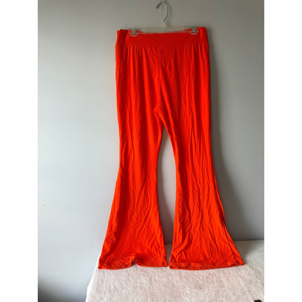 SHEIN Women Neon Orange Ribbed Knit Flare Leg Pants High Waist Bell Bottom XL 12 - Picture 4 of 5